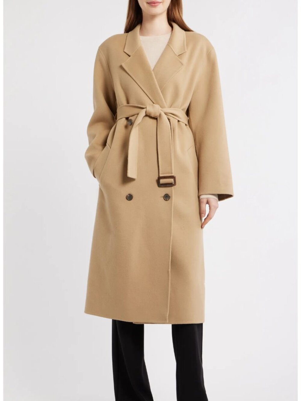 Theory Double Breasted Longline Wool Blend Trench Coat